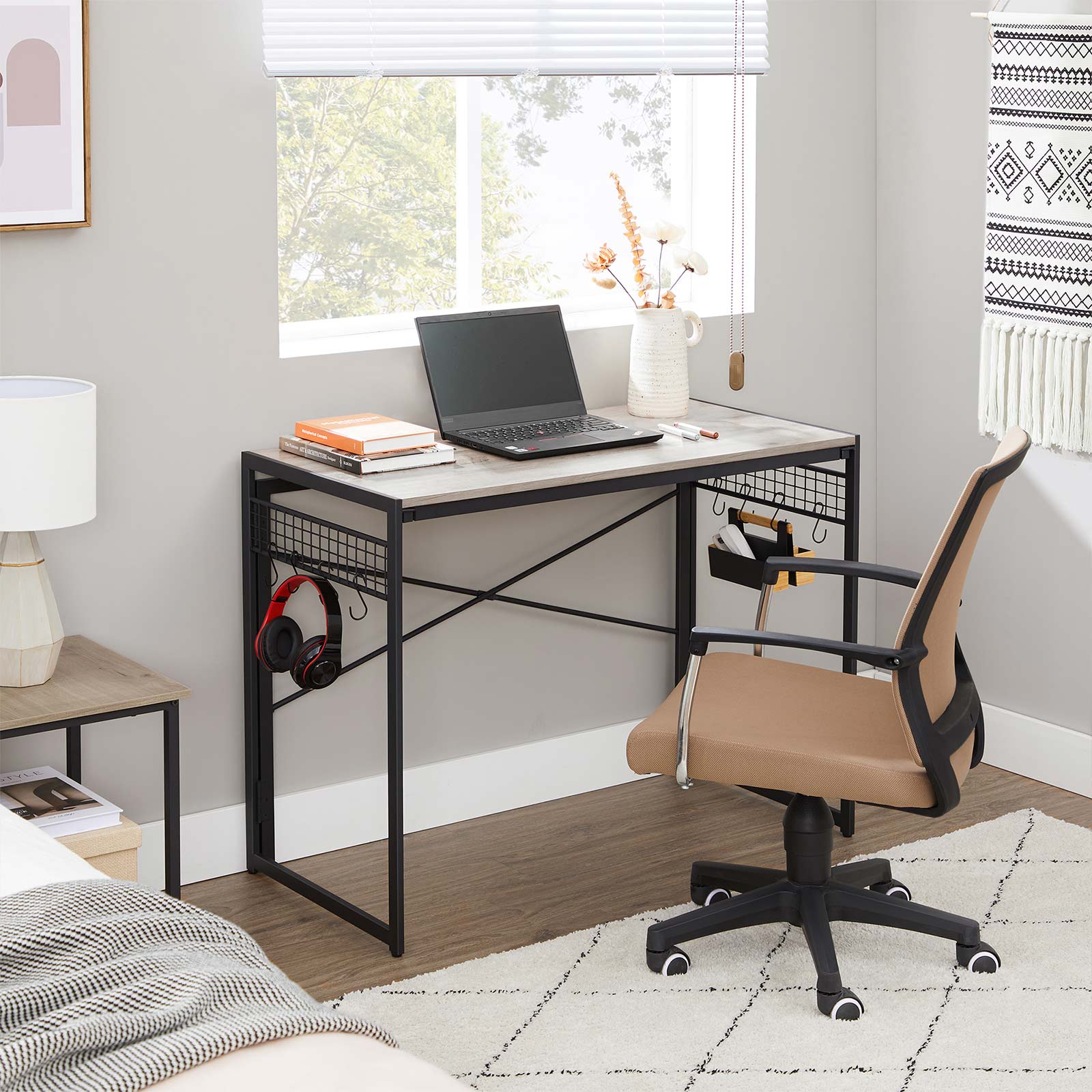 Folding Writing Desk – Wood and Metal – Greige and Black – No Tools Required, 8 Hooks