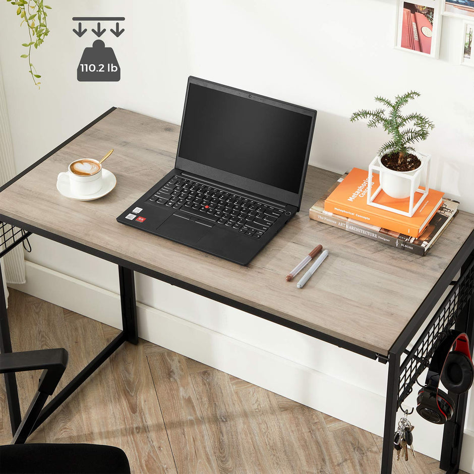 Folding Writing Desk – Wood and Metal – Greige and Black – No Tools Required, 8 Hooks