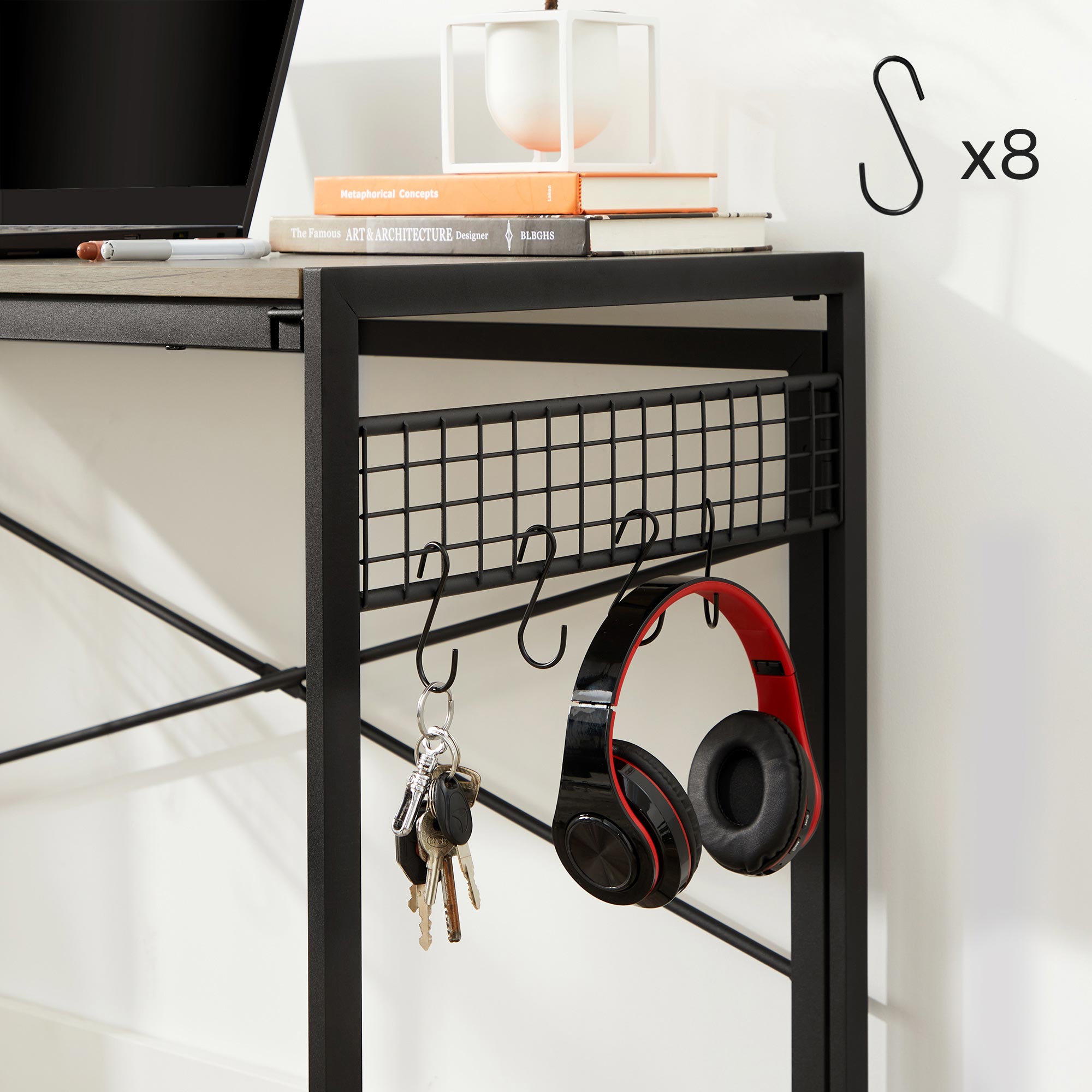Folding Writing Desk – Wood and Metal – Greige and Black – No Tools Required, 8 Hooks