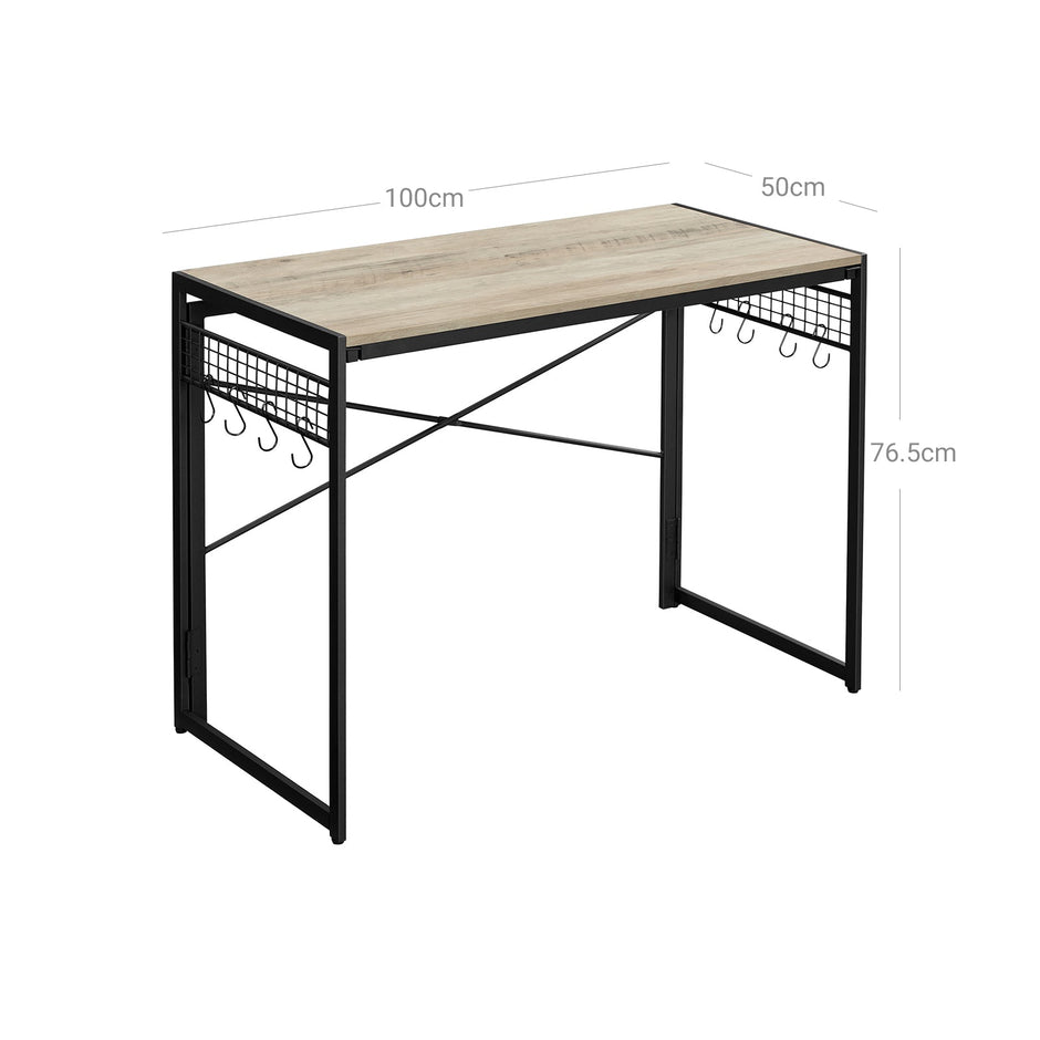 Folding Writing Desk – Wood and Metal – Greige and Black – No Tools Required, 8 Hooks