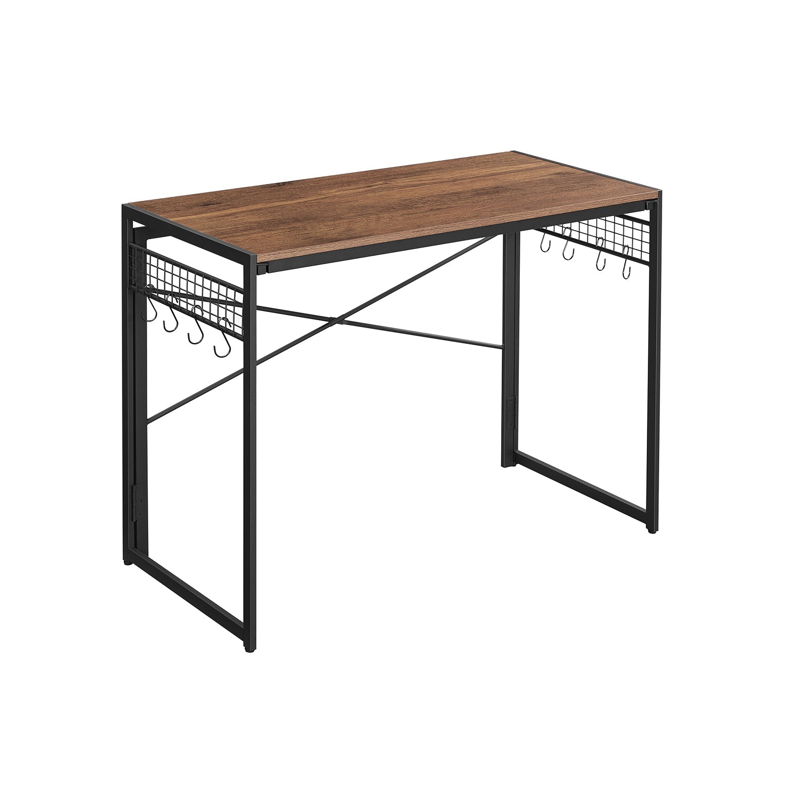 Foldable Computer Desk – Wood – Greige and Black – Industrial Design with 8 Hooks