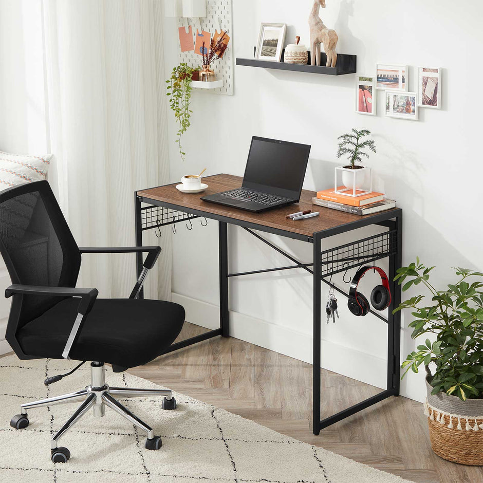 Foldable Computer Desk – Wood – Greige and Black – Industrial Design with 8 Hooks