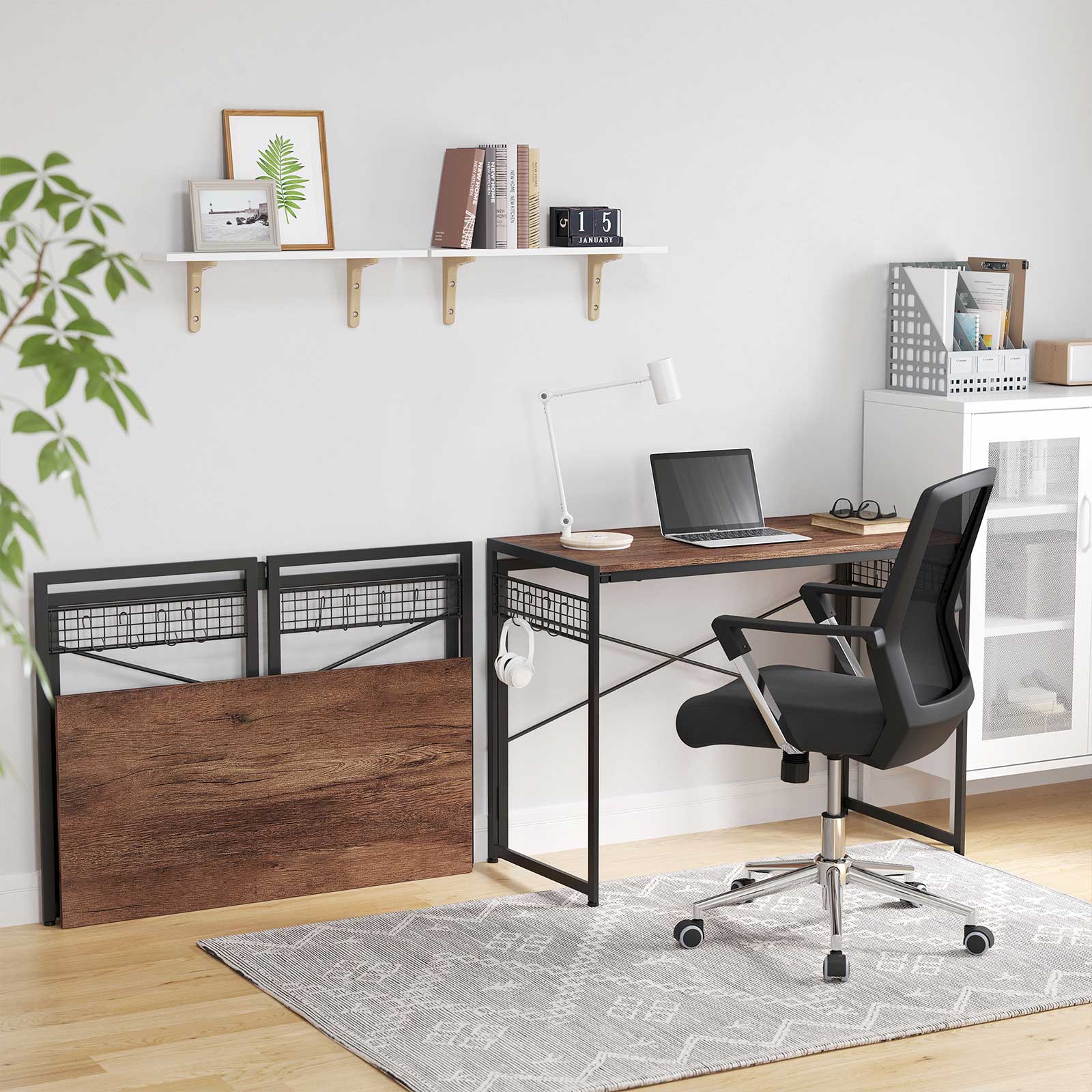 Foldable Computer Desk – Wood – Greige and Black – Industrial Design with 8 Hooks