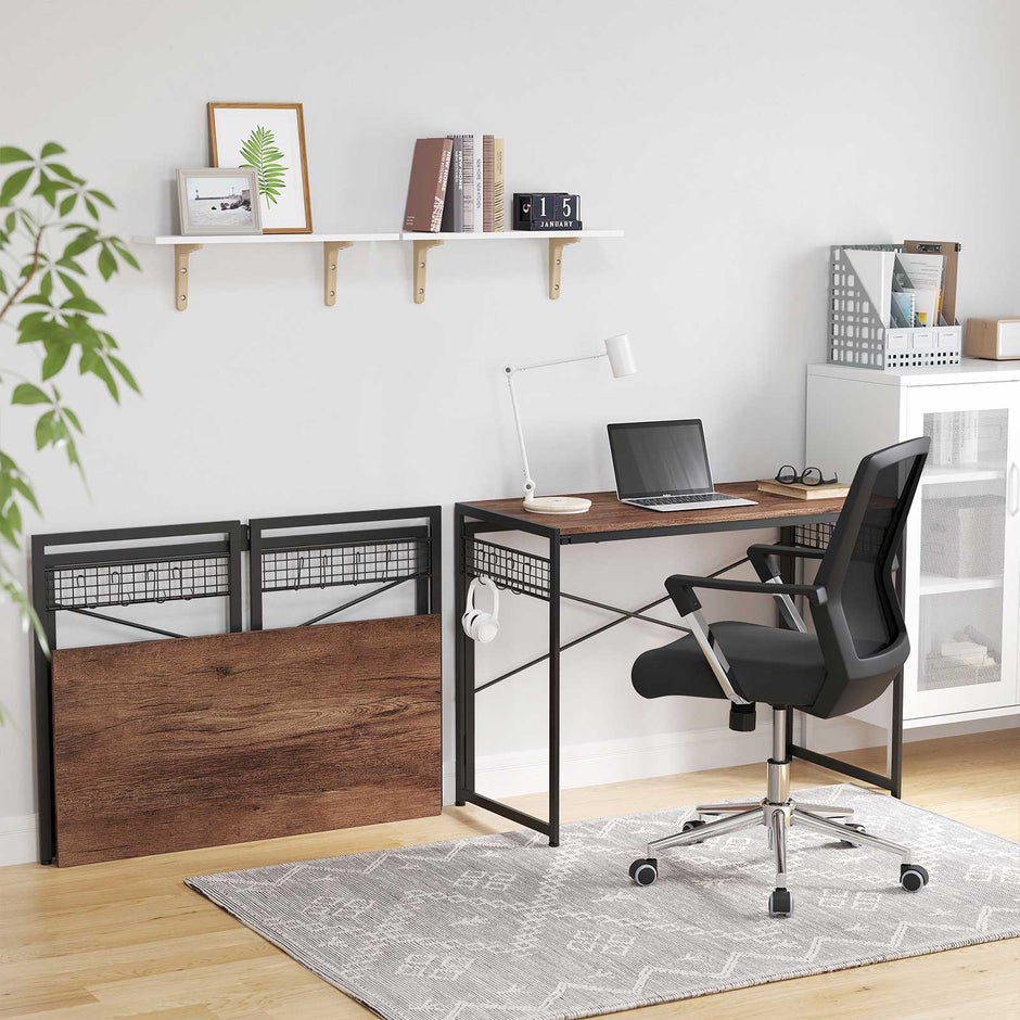Foldable Computer Desk – Wood – Greige and Black – Industrial Design with 8 Hooks