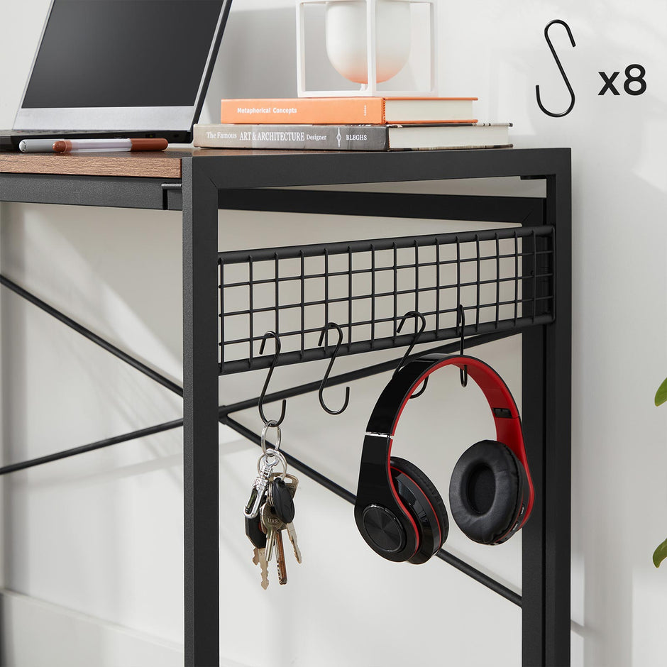 Foldable Computer Desk – Wood – Greige and Black – Industrial Design with 8 Hooks