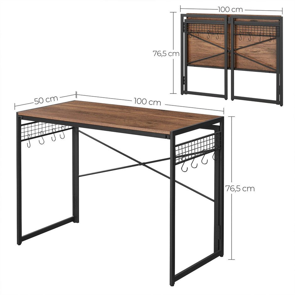 Foldable Computer Desk – Wood – Greige and Black – Industrial Design with 8 Hooks