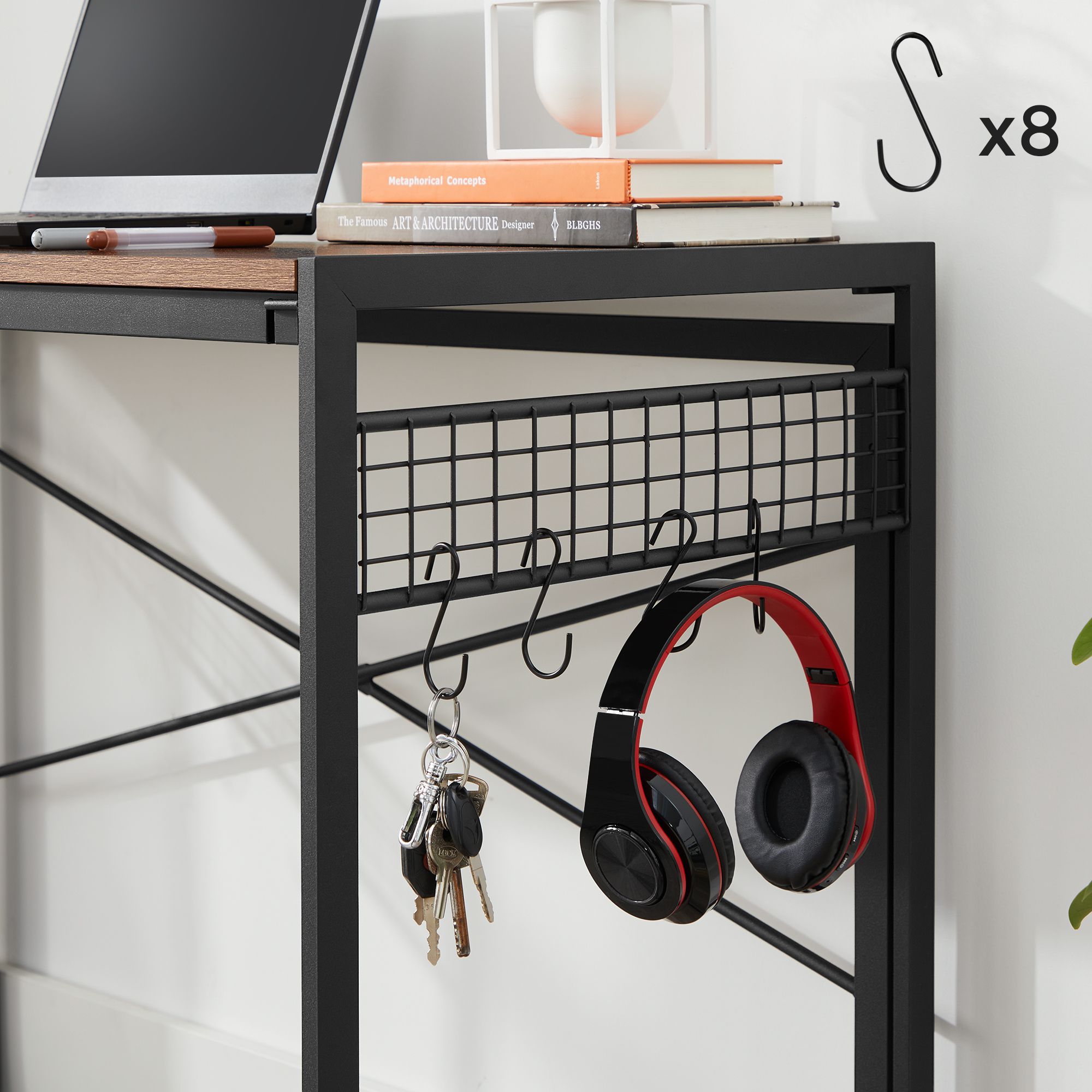 Foldable Computer Desk – Wood – Greige and Black – Industrial Design with 8 Hooks