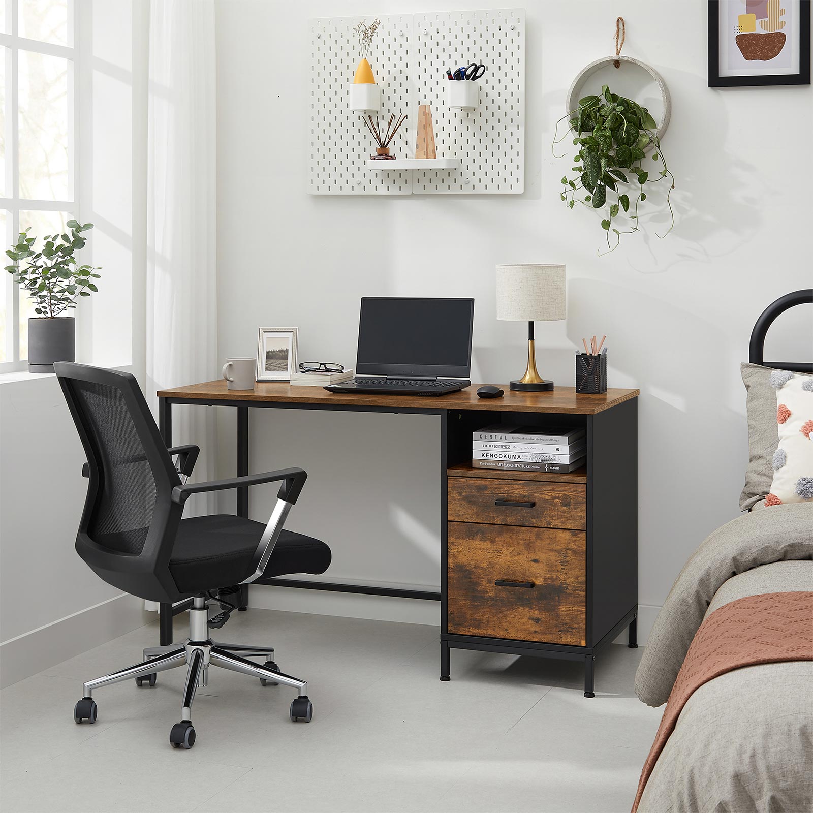 Computer Desk with File Cabinet – Wood and Metal – Rustic Brown and Black – Industrial Style
