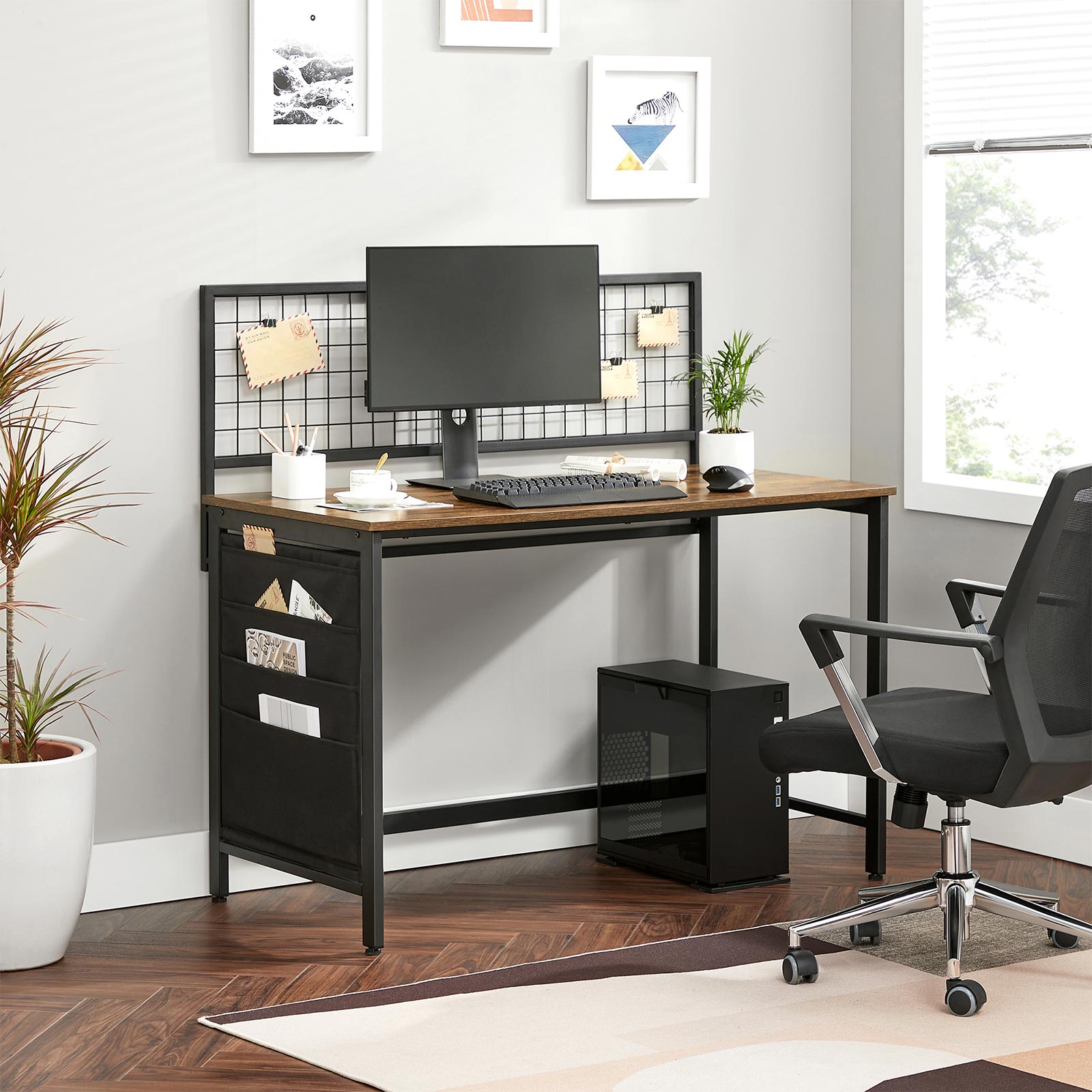 Computer Desk – Fabric – Rustic Brown and Black – Includes Storage Bags