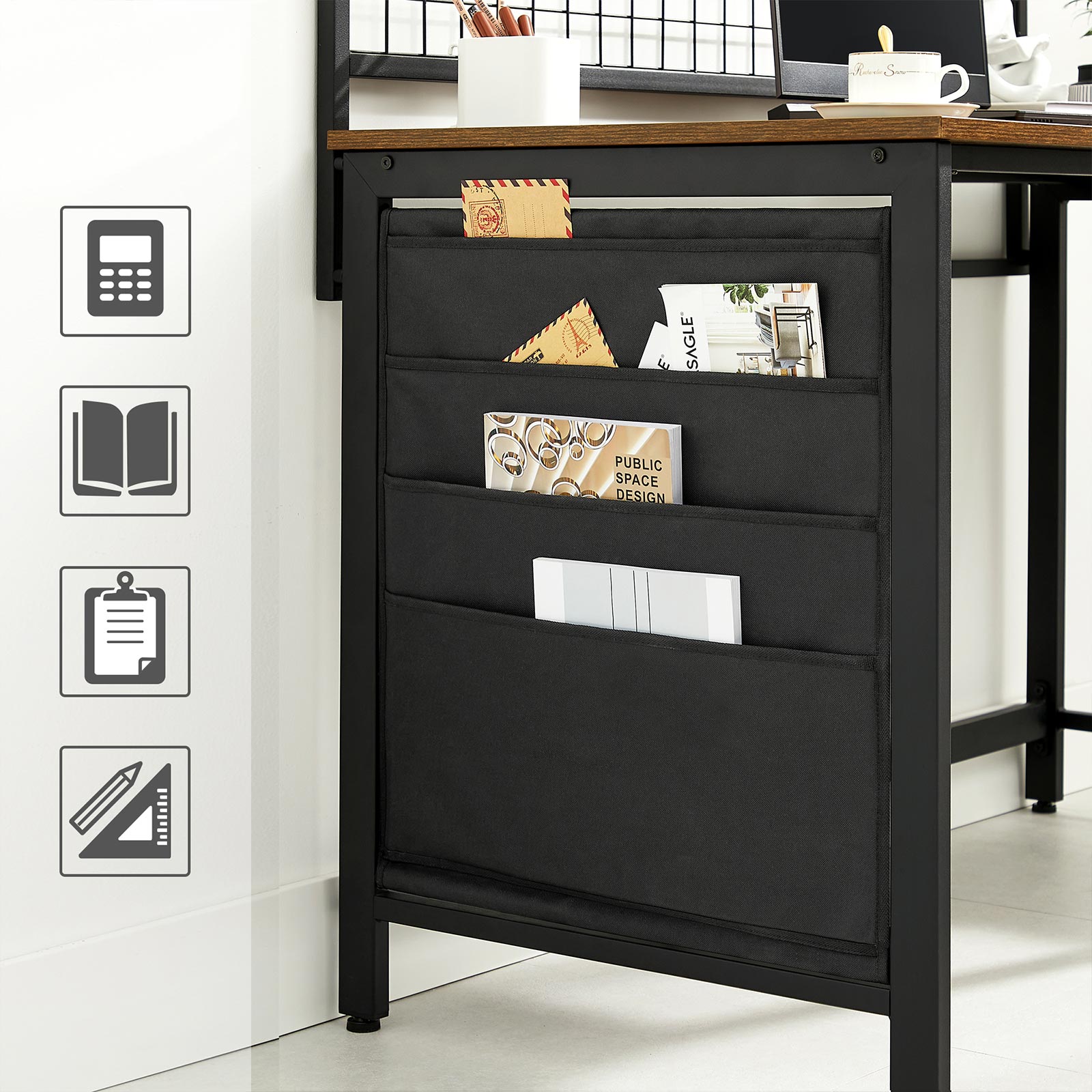 Computer Desk – Fabric – Rustic Brown and Black – Includes Storage Bags