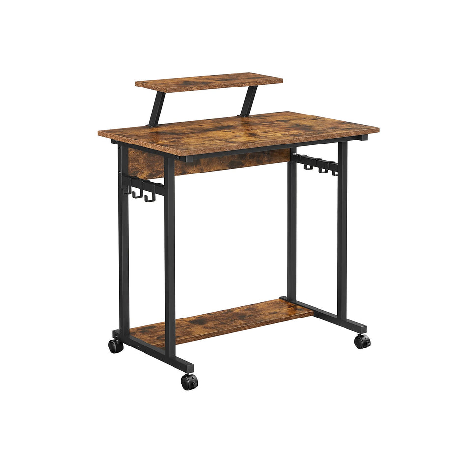 Mobile Computer Desk – Wood and Metal – Rustic Brown and Black – Features Monitor Stand and Hooks