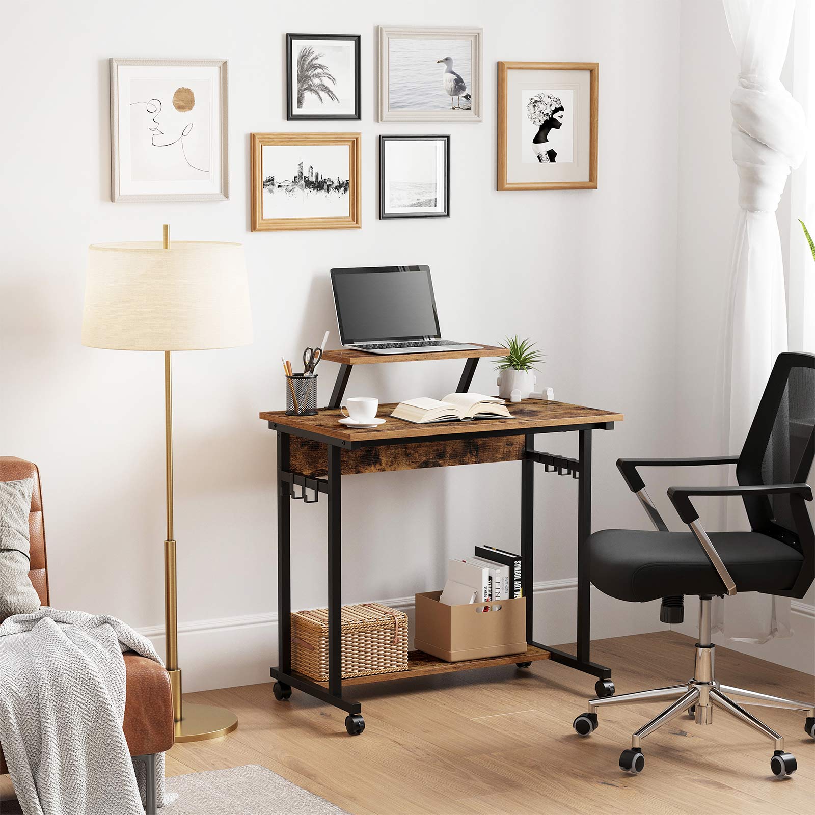 Mobile Computer Desk – Wood and Metal – Rustic Brown and Black – Features Monitor Stand and Hooks