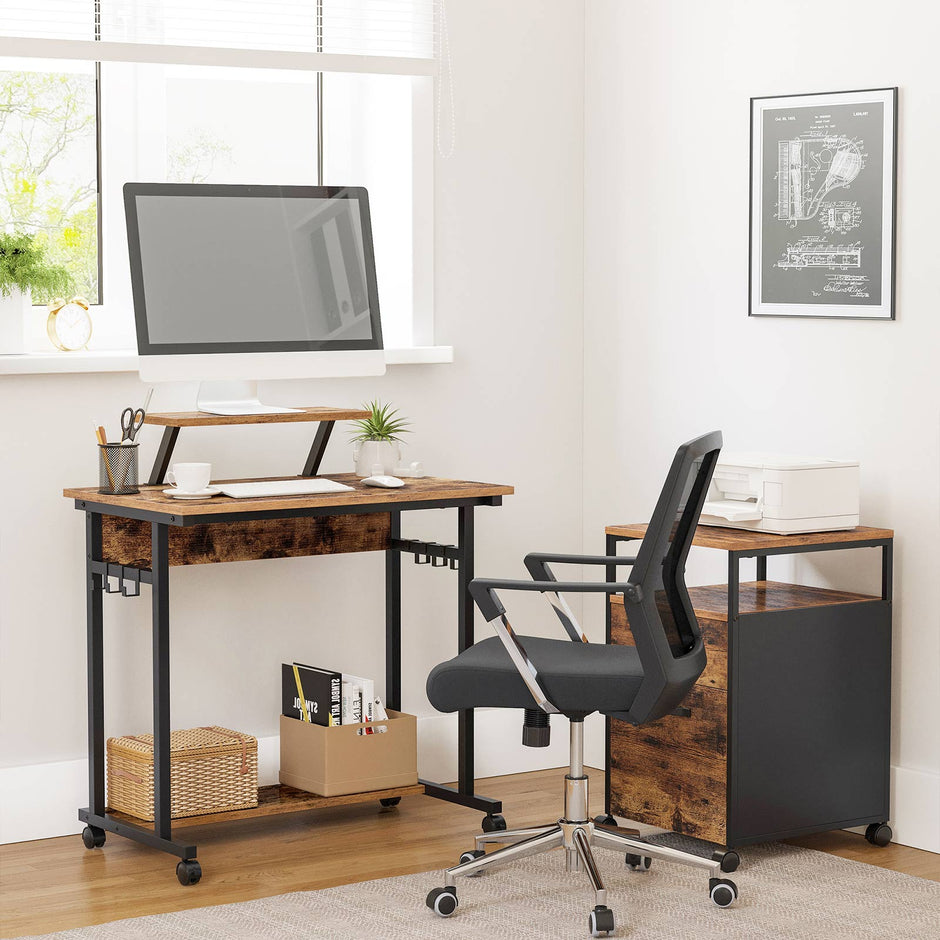 Mobile Computer Desk – Wood and Metal – Rustic Brown and Black – Features Monitor Stand and Hooks
