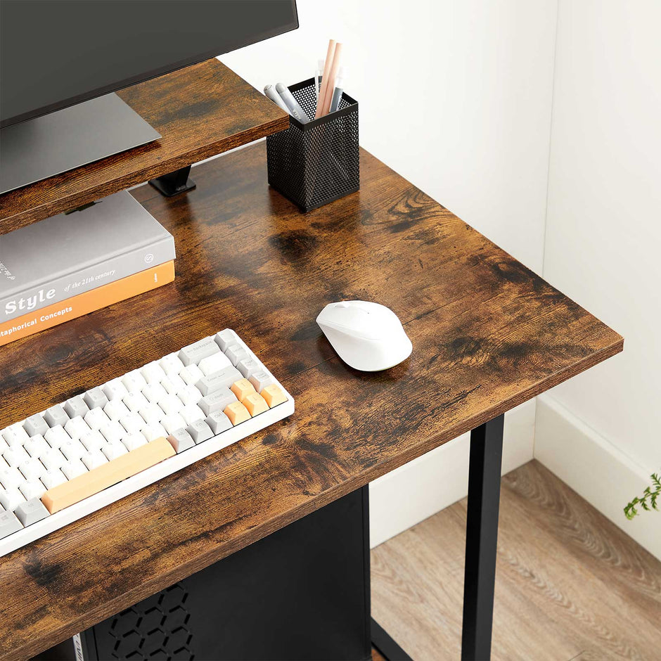Mobile Computer Desk – Wood and Metal – Rustic Brown and Black – Features Monitor Stand and Hooks