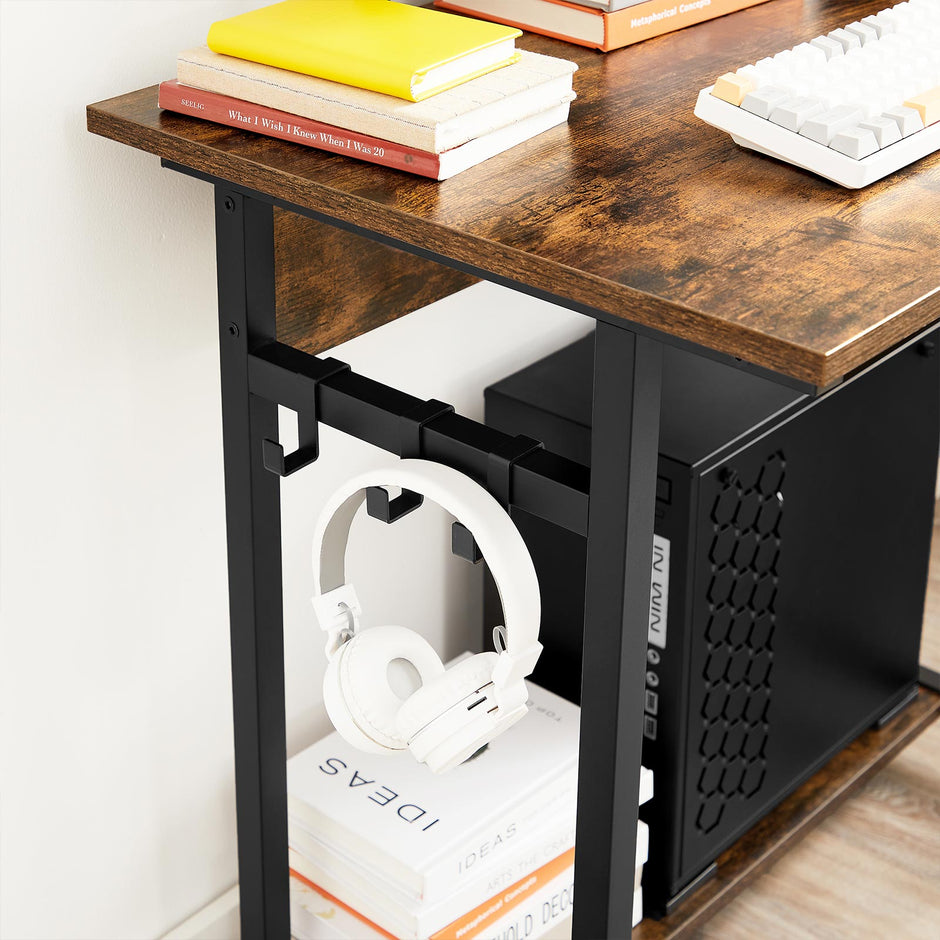 Mobile Computer Desk – Wood and Metal – Rustic Brown and Black – Features Monitor Stand and Hooks
