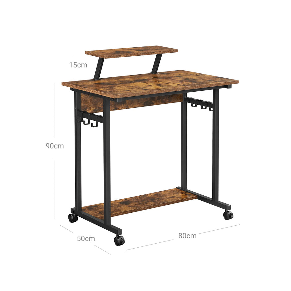 Mobile Computer Desk – Wood and Metal – Rustic Brown and Black – Features Monitor Stand and Hooks