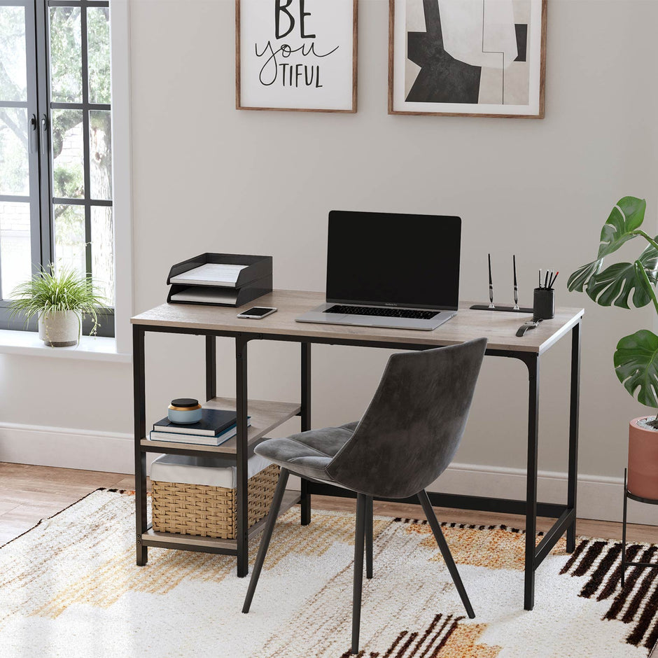 Computer Desk – Metal and Wood – Rustic Brown – Includes 2 Shelves for Storage