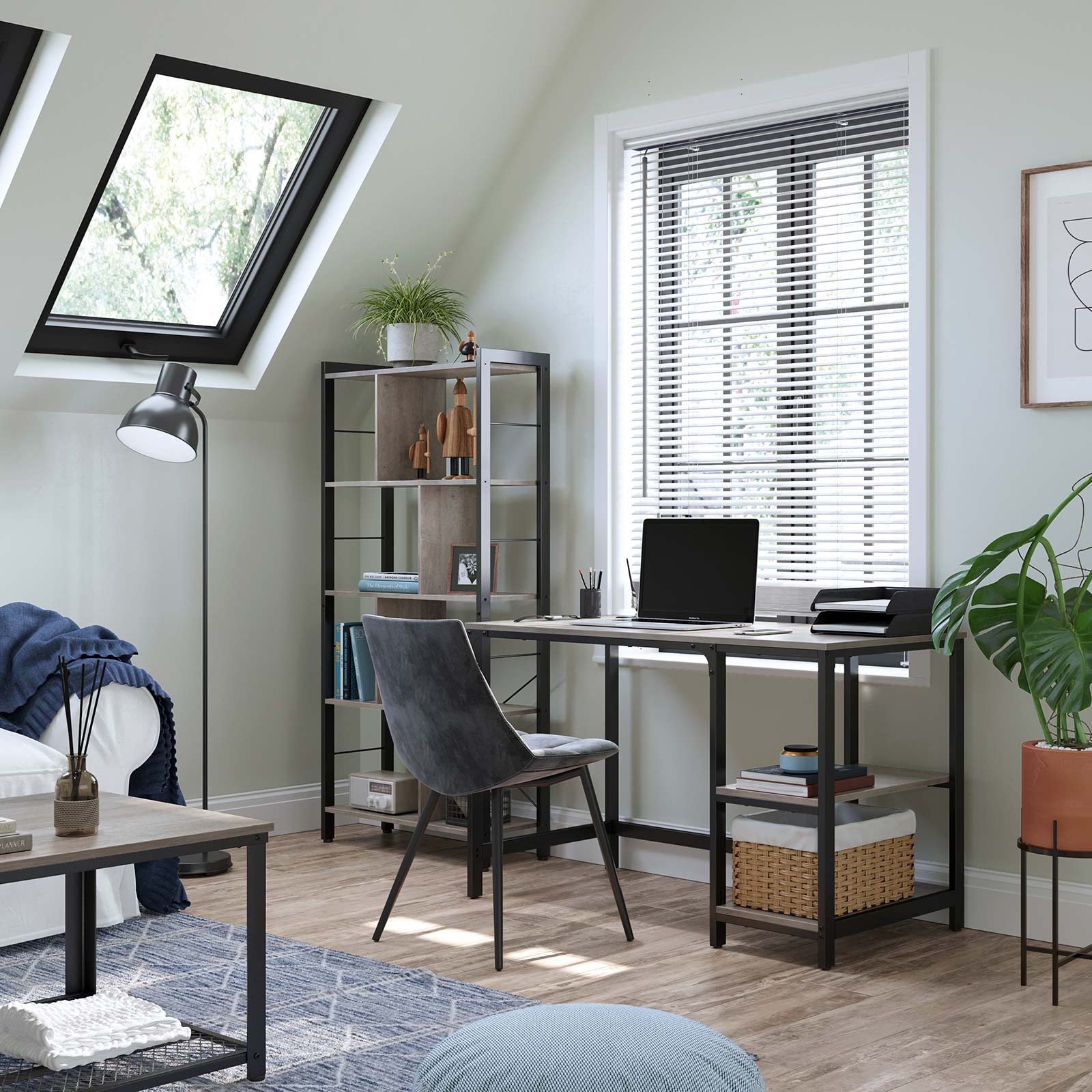 Computer Desk – Metal and Wood – Rustic Brown – Includes 2 Shelves for Storage