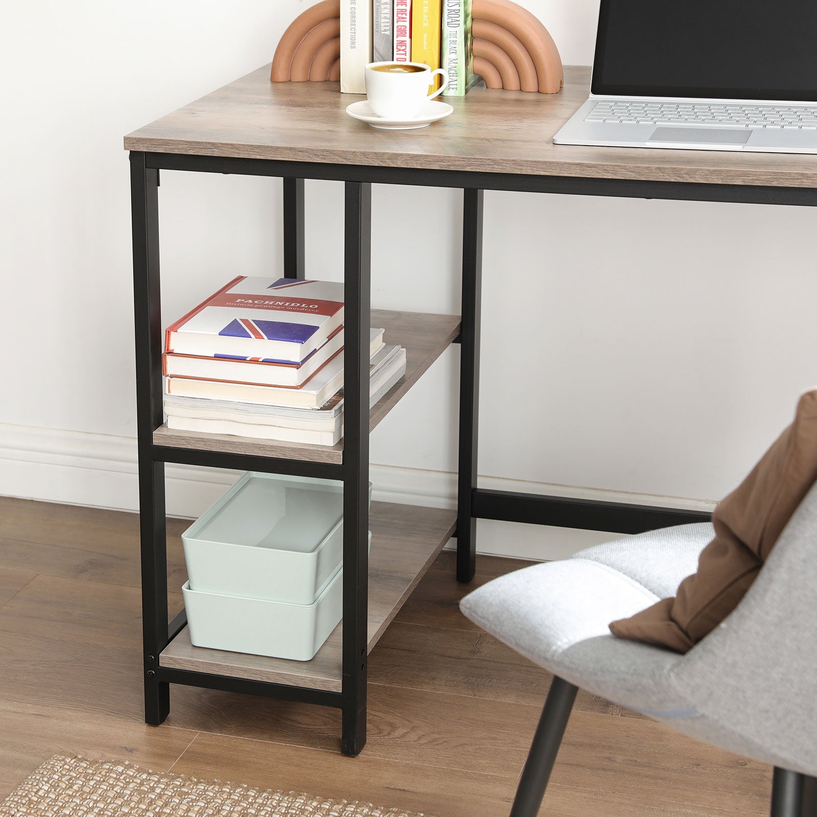 Computer Desk – Metal and Wood – Rustic Brown – Includes 2 Shelves for Storage