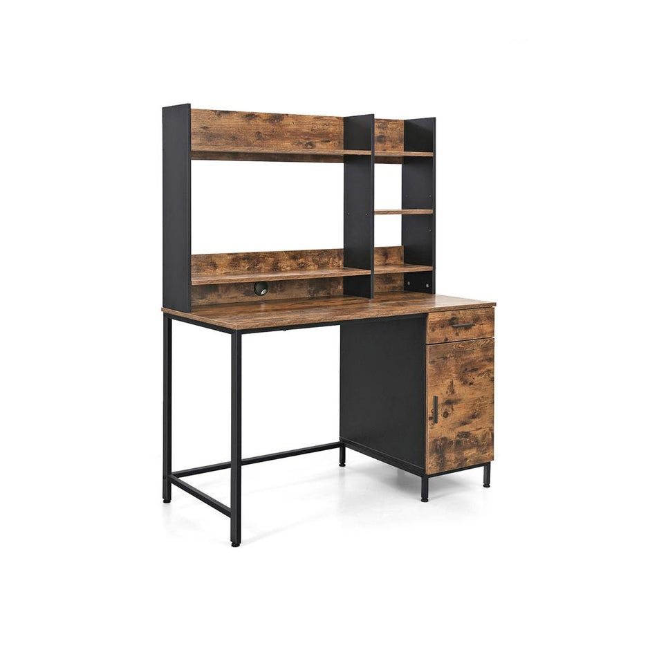 Computer Desk – Steel – Rustic Brown and Black – With Bookshelf and Drawer