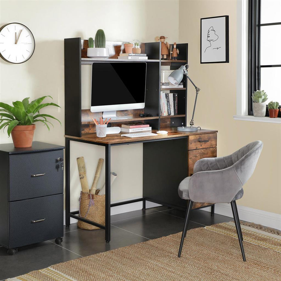 Computer Desk – Steel – Rustic Brown and Black – With Bookshelf and Drawer
