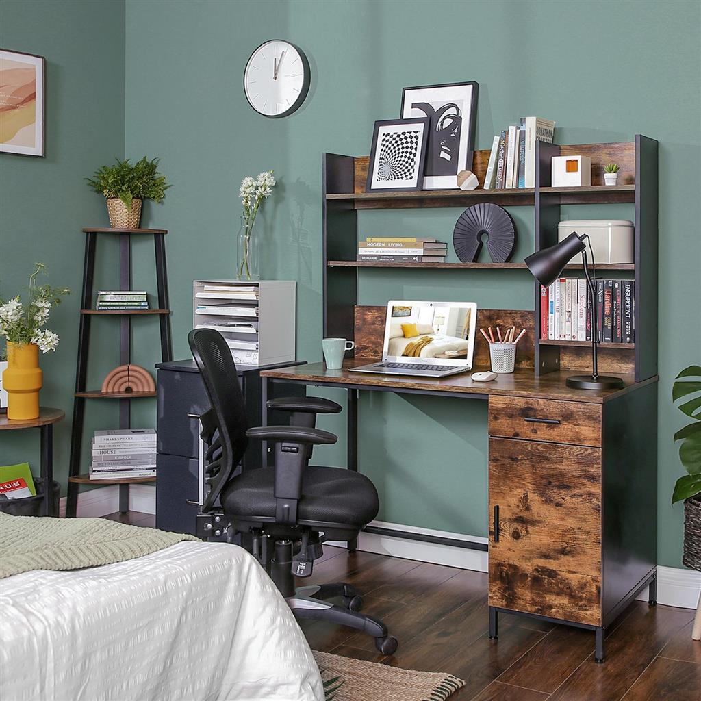 Computer Desk – Steel – Rustic Brown and Black – With Bookshelf and Drawer