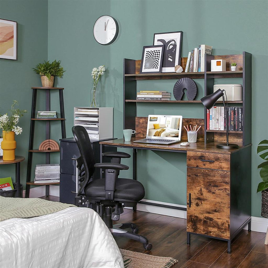 Computer Desk – Steel – Rustic Brown and Black – With Bookshelf and Drawer
