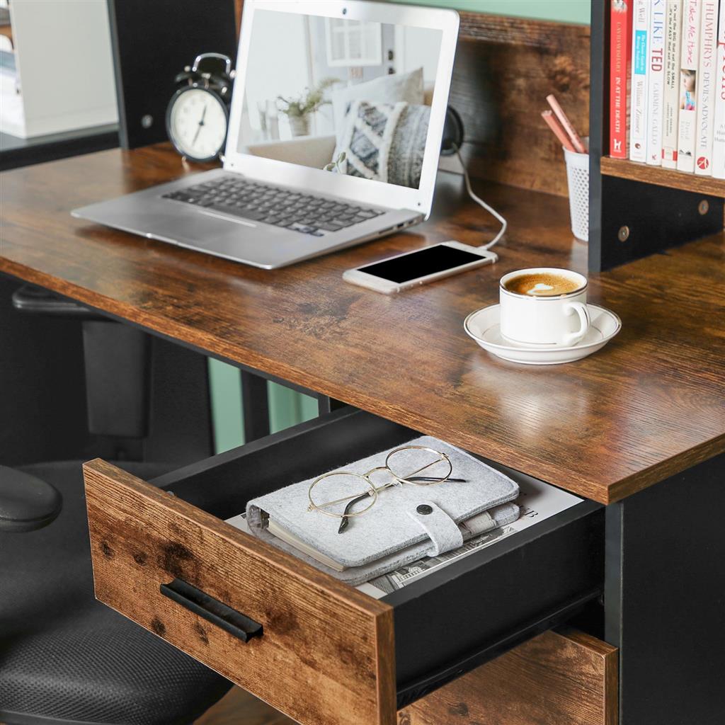 Computer Desk – Steel – Rustic Brown and Black – With Bookshelf and Drawer