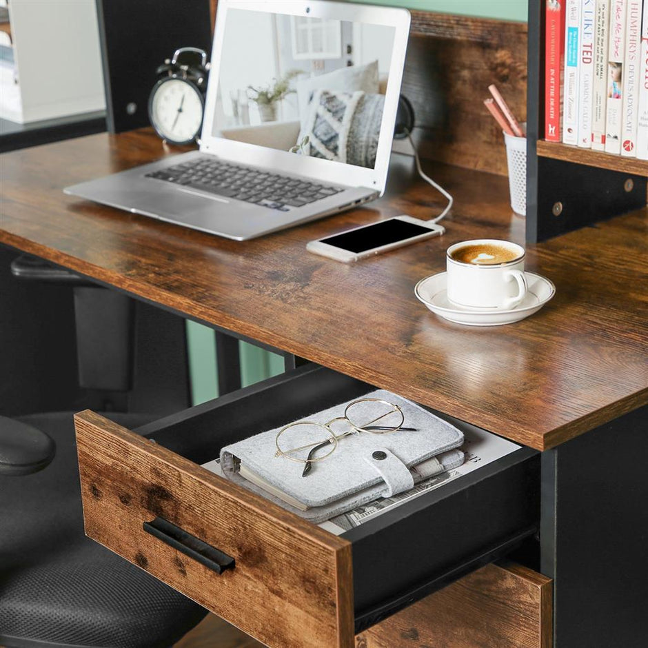 Computer Desk – Steel – Rustic Brown and Black – With Bookshelf and Drawer