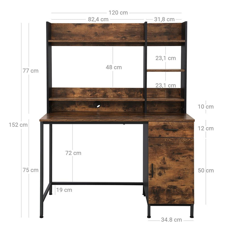 Computer Desk – Steel – Rustic Brown and Black – With Bookshelf and Drawer
