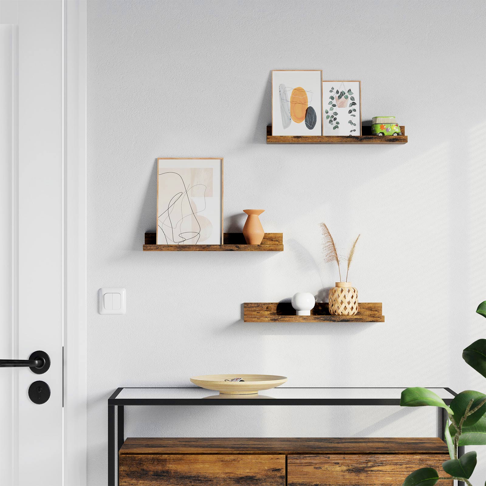 Floating Shelves Set – Wooden – Rustic Brown – 38 cm Long with Front Edge