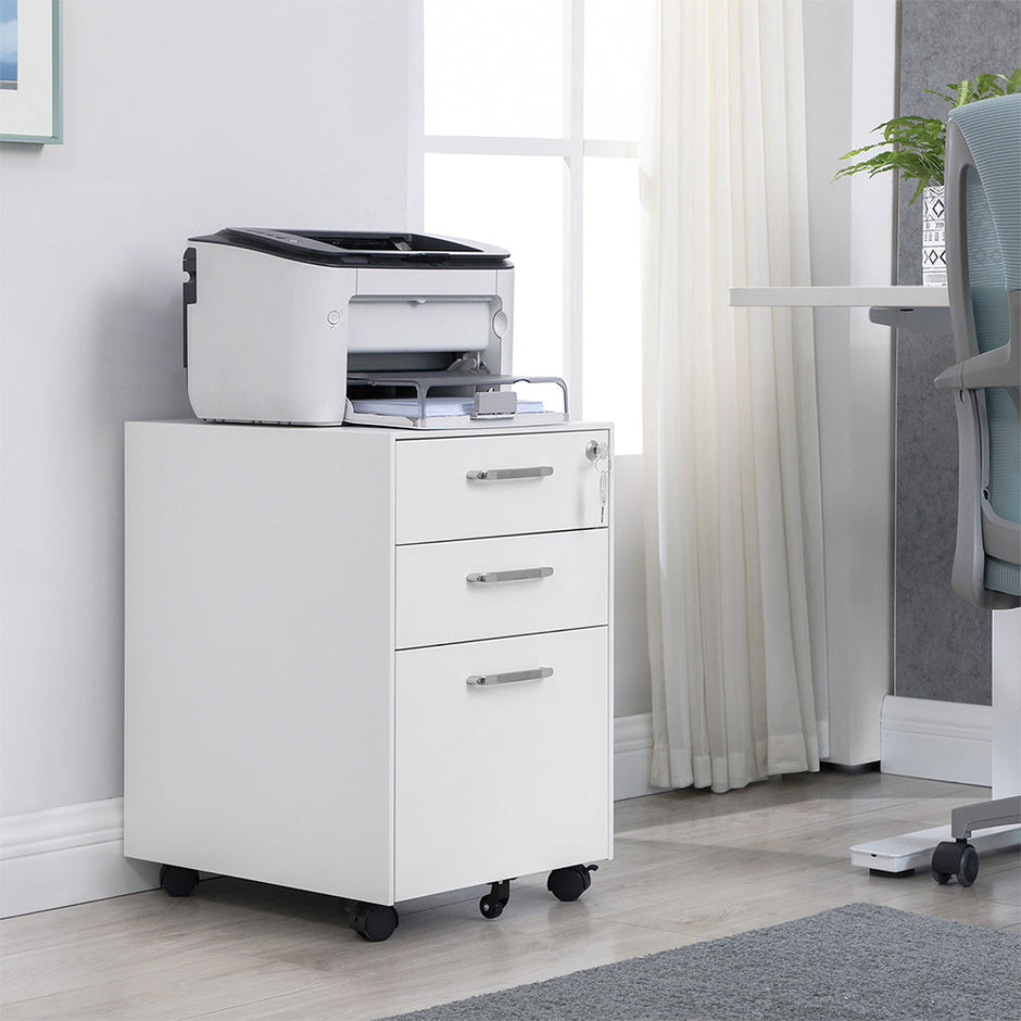Movable Office File Cabinet – Steel – White – Lockable with 3 Drawers and Castors