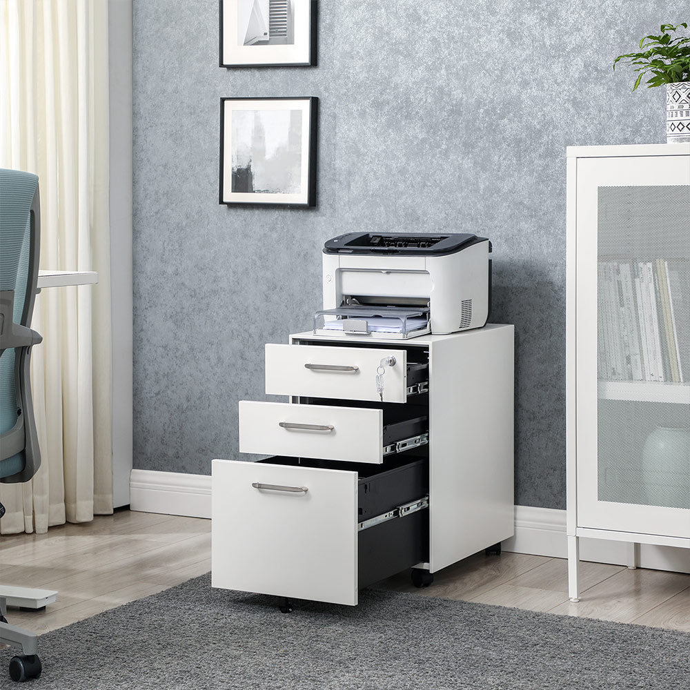 Movable Office File Cabinet – Steel – White – Lockable with 3 Drawers and Castors