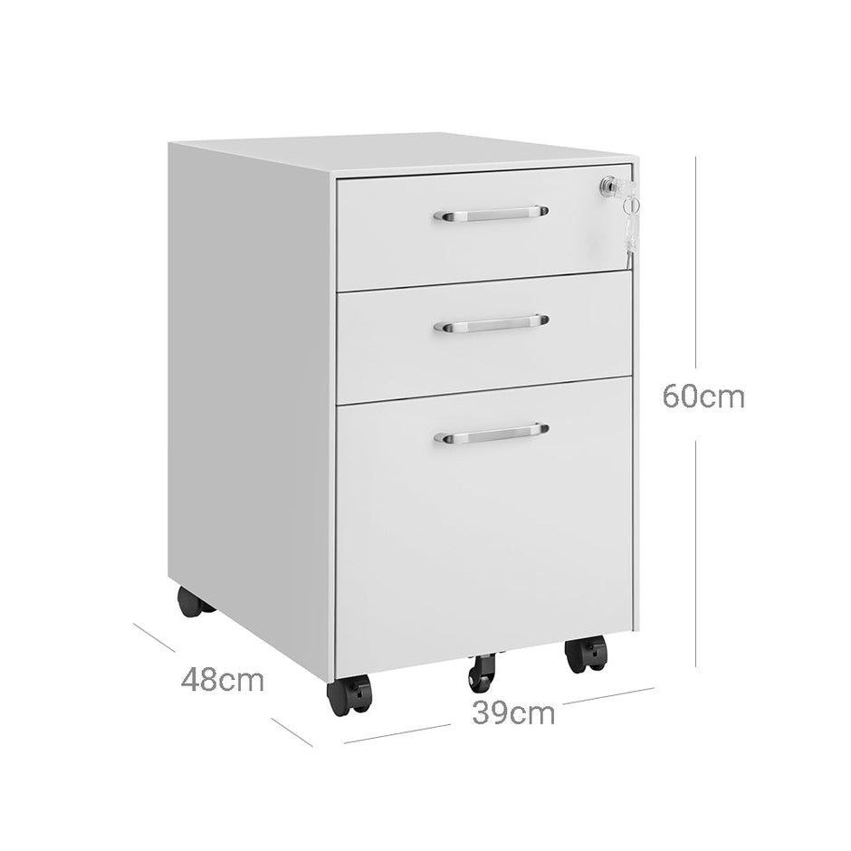 Movable Office File Cabinet – Steel – White – Lockable with 3 Drawers and Castors