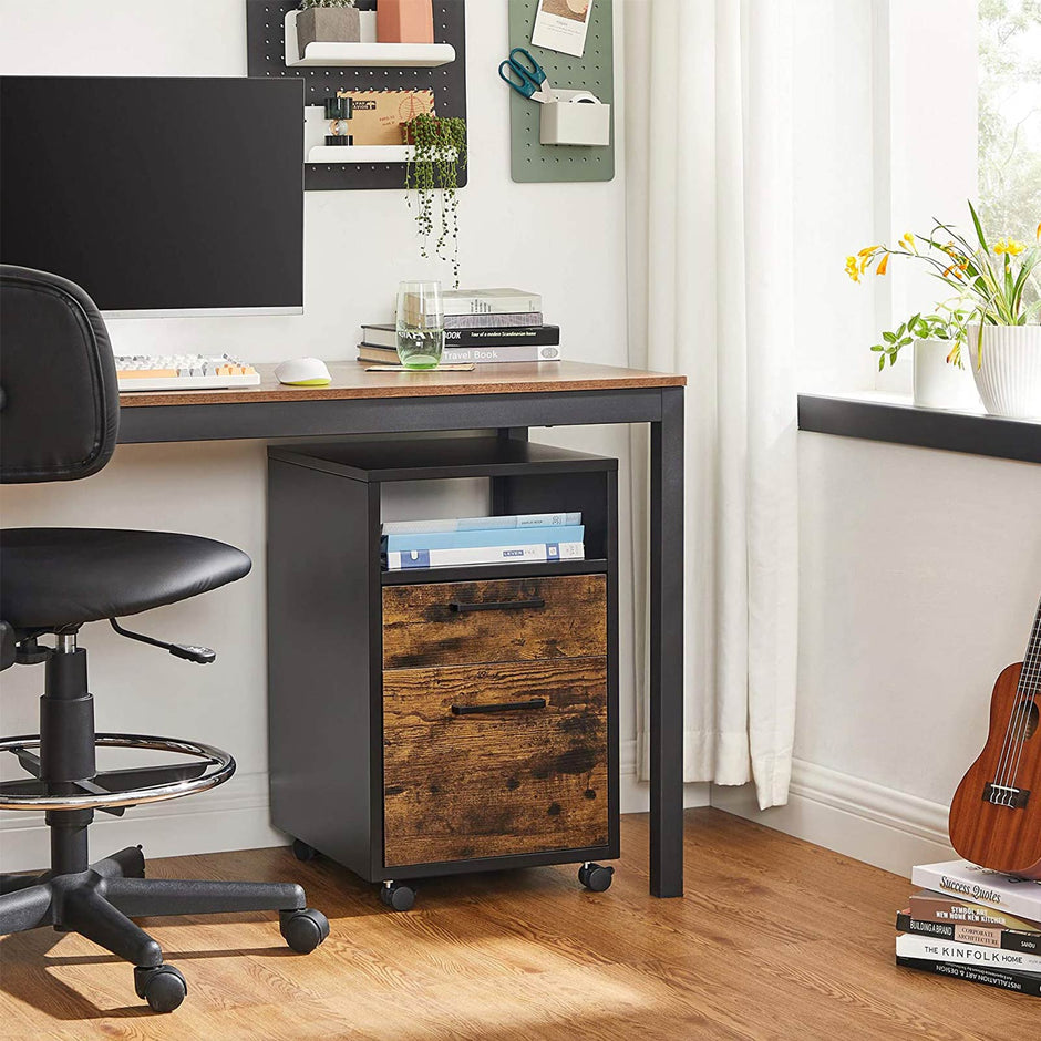 File Cabinet – Steel – Brown and Black – 2 Drawers with Rolling Design and Open Compartment