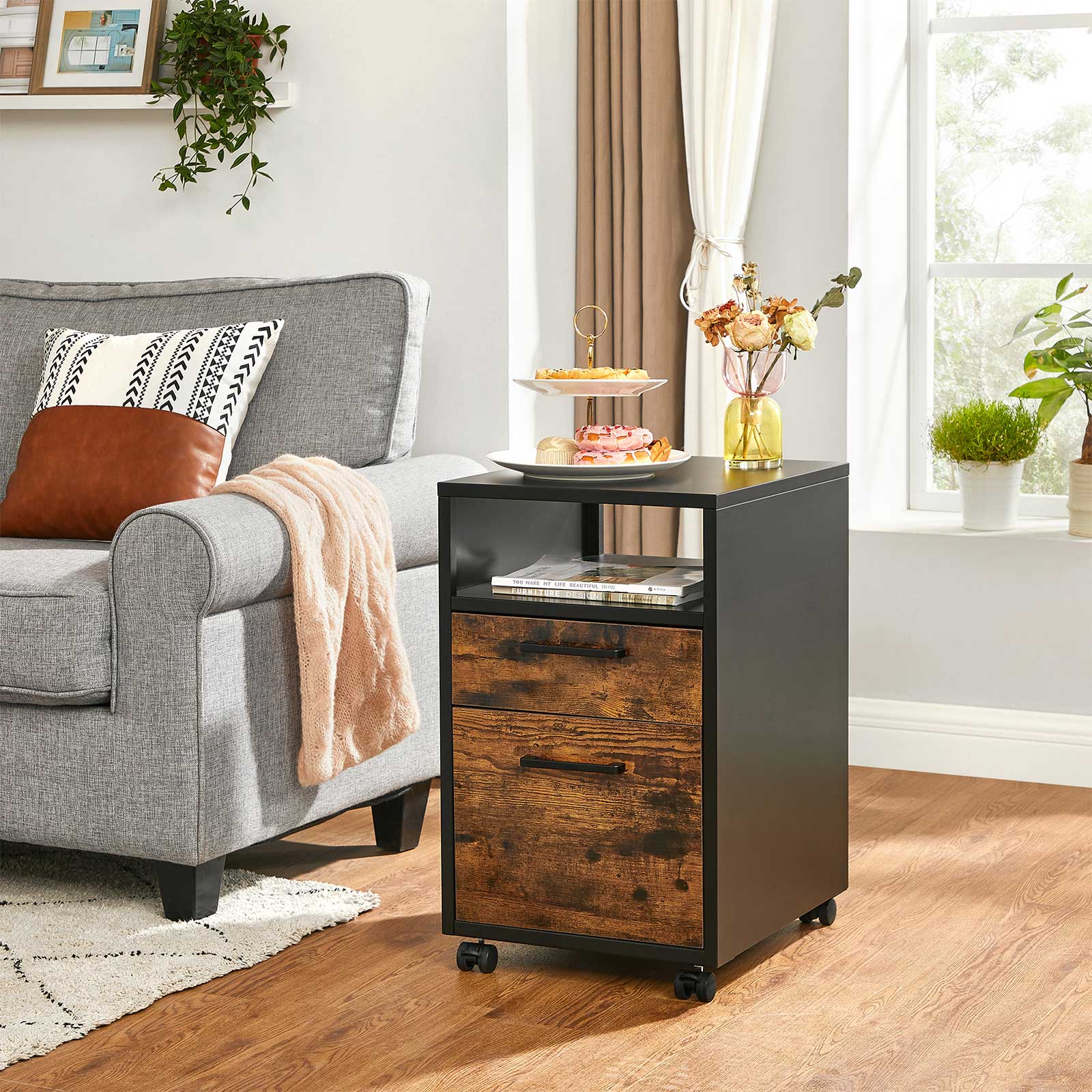 File Cabinet – Steel – Brown and Black – 2 Drawers with Rolling Design and Open Compartment