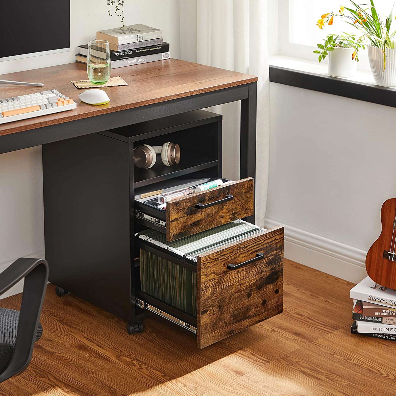 File Cabinet – Steel – Brown and Black – 2 Drawers with Rolling Design and Open Compartment