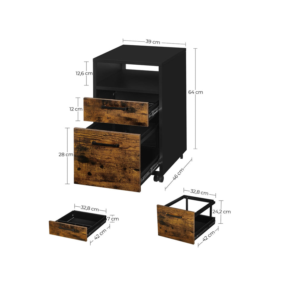 File Cabinet – Steel – Brown and Black – 2 Drawers with Rolling Design and Open Compartment