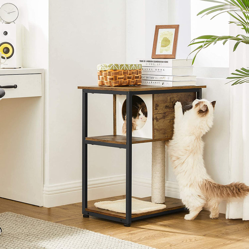 Cat Tree – Engineered Wood – Rustic Brown – Multi-functional with Scratching Post and End Table