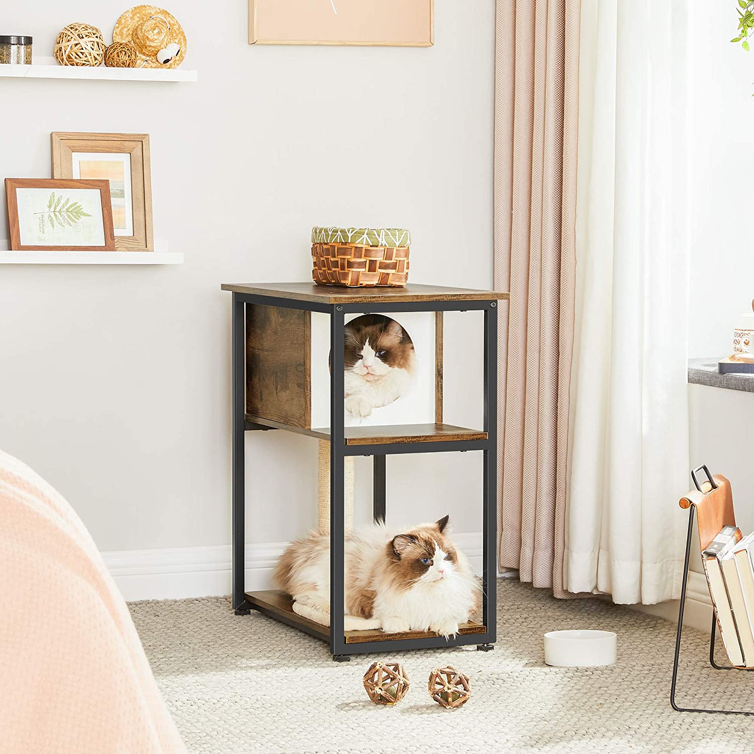 Cat Tree – Engineered Wood – Rustic Brown – Multi-functional with Scratching Post and End Table
