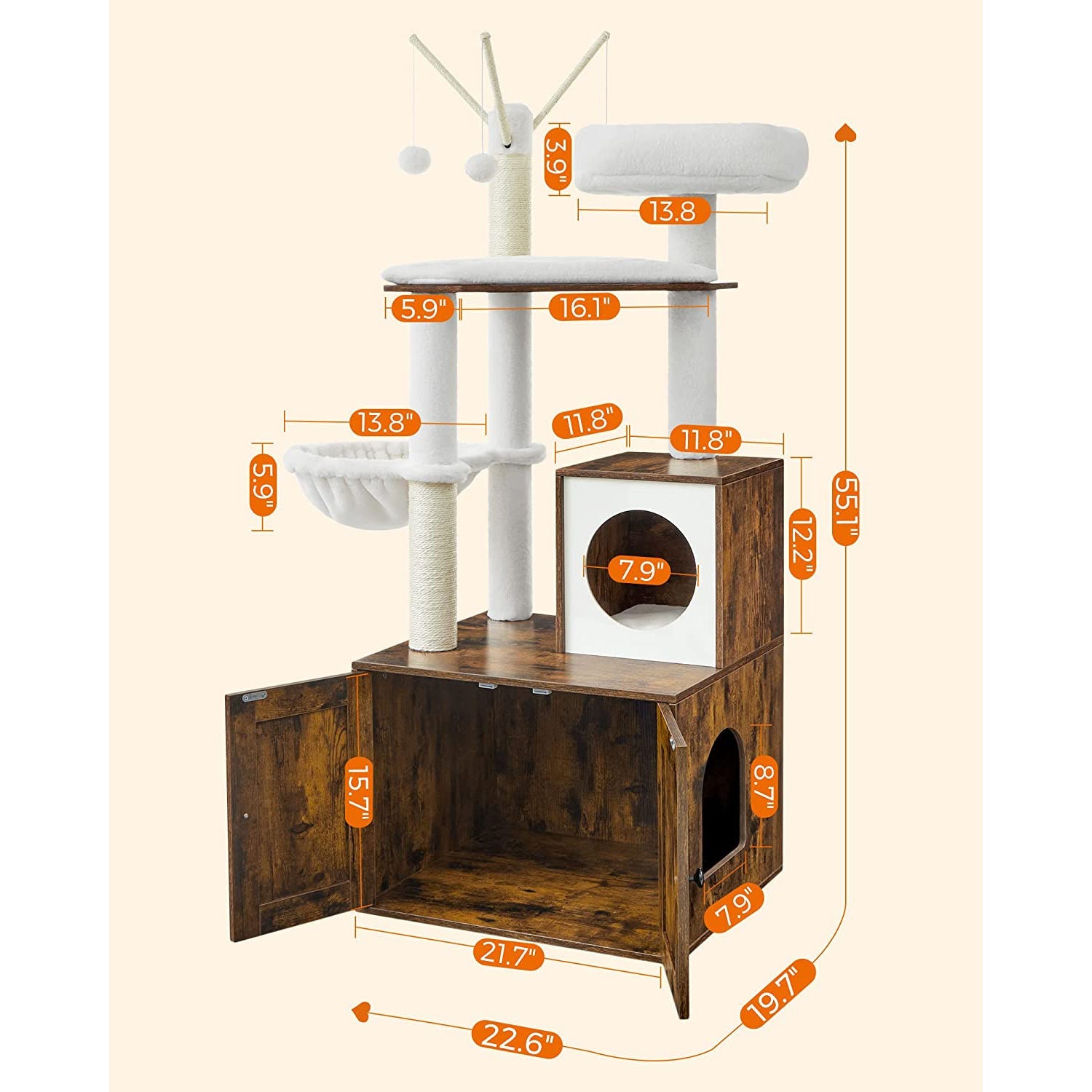 Cat Tree – Engineered Wood – Cloud White – 2-in-1 Design with Litter Box Enclosure and Scratching Posts