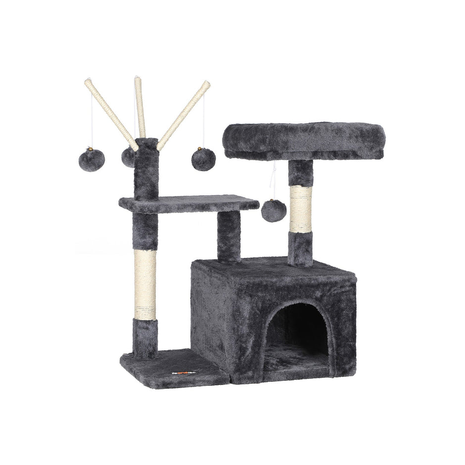 Cat Tree – Wood and Fabric – Light Grey – 3-Level with 3 Pompoms