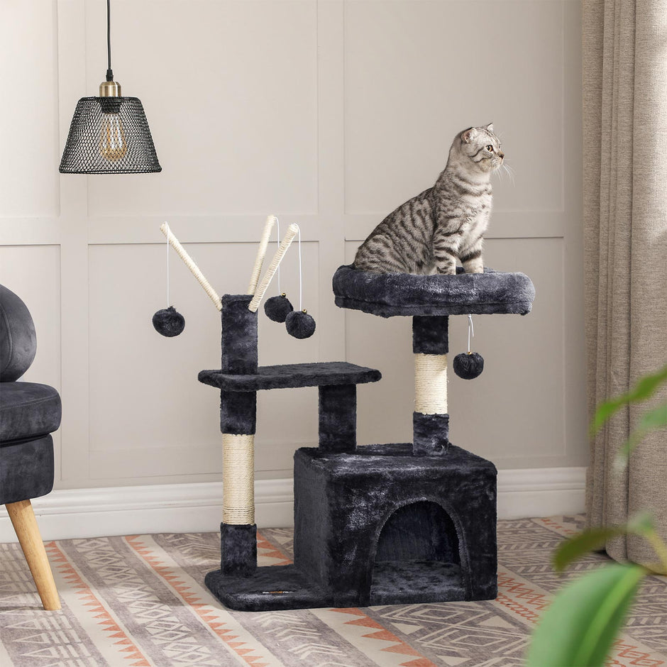 Cat Tree – Wood and Fabric – Light Grey – 3-Level with 3 Pompoms