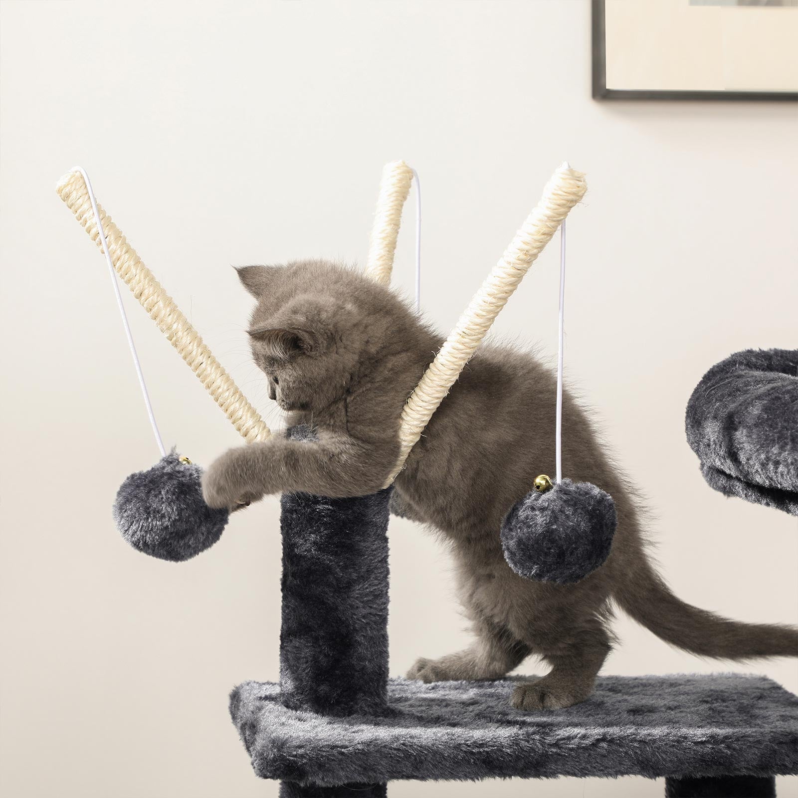 Cat Tree – Wood and Fabric – Light Grey – 3-Level with 3 Pompoms