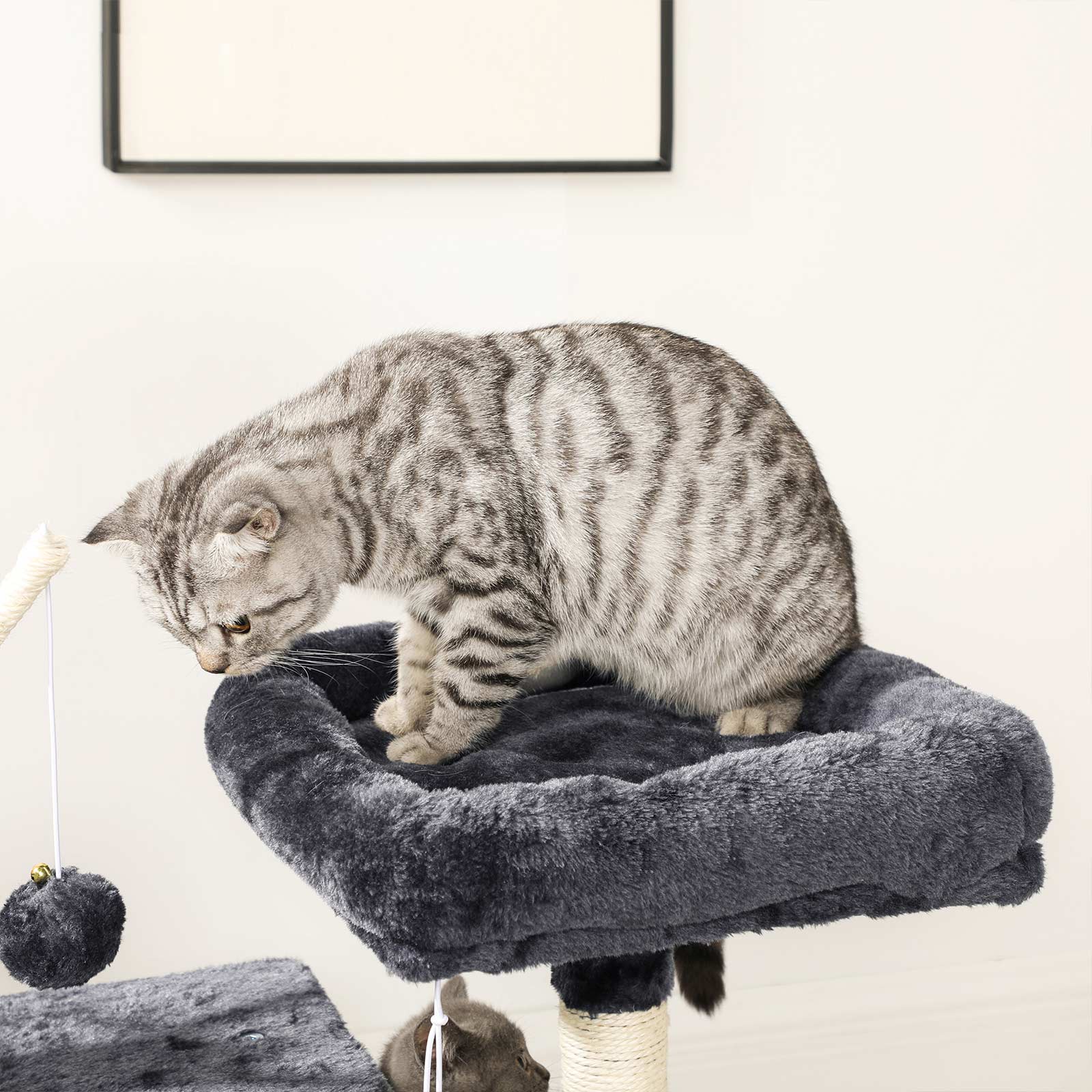 Cat Tree – Wood and Fabric – Light Grey – 3-Level with 3 Pompoms