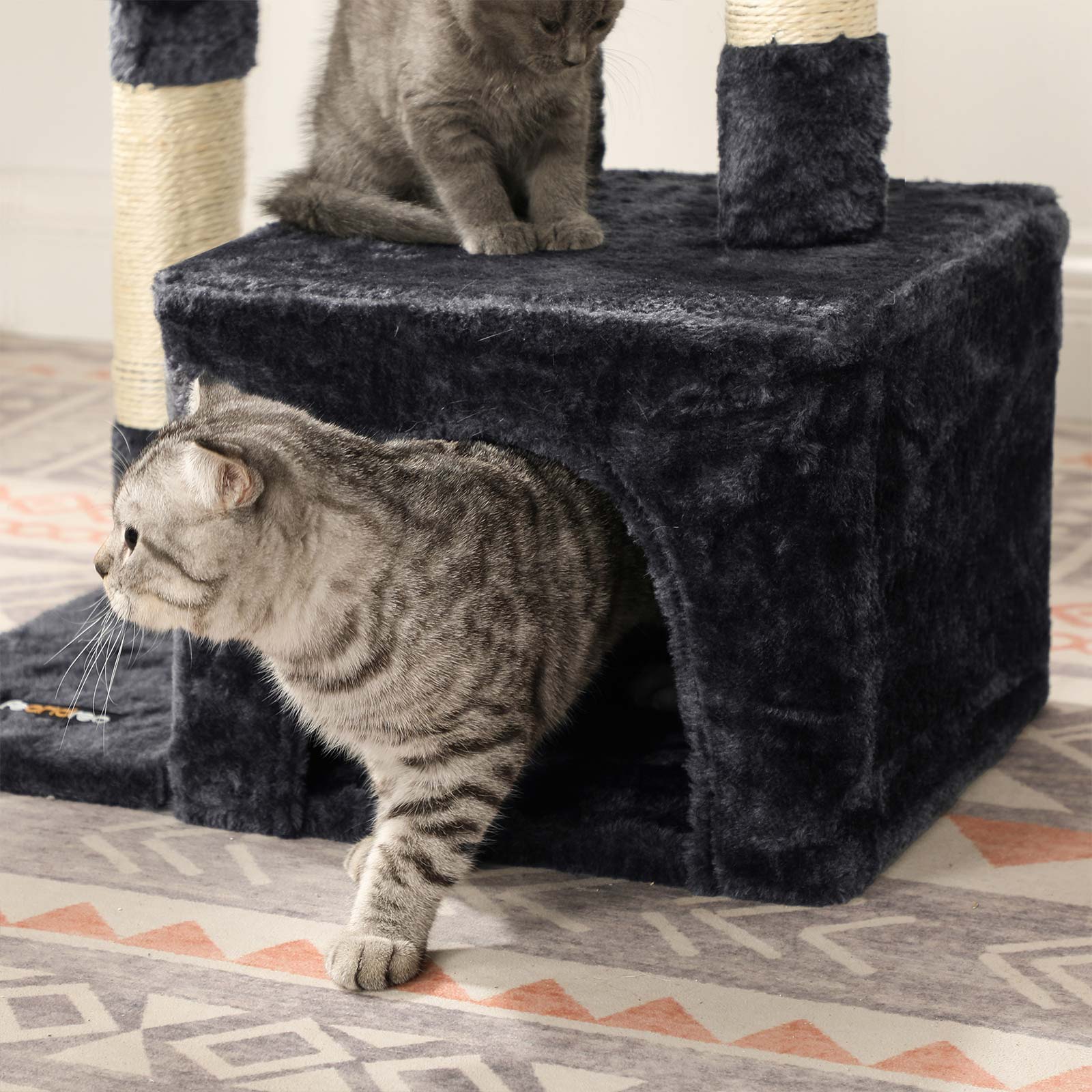 Cat Tree – Wood and Fabric – Light Grey – 3-Level with 3 Pompoms