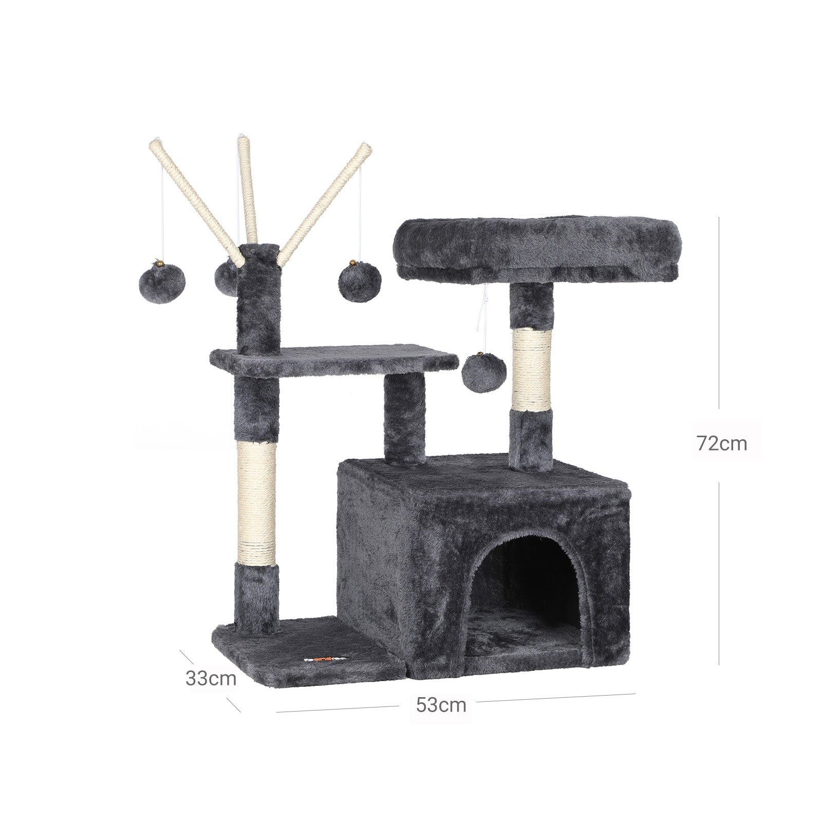 Cat Tree – Wood and Fabric – Light Grey – 3-Level with 3 Pompoms