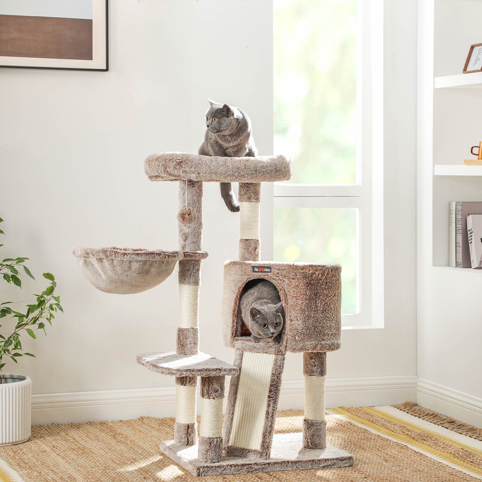 Cat Tower – Plush – Light Brown – Multi-Level with Scratching Post and Hammock