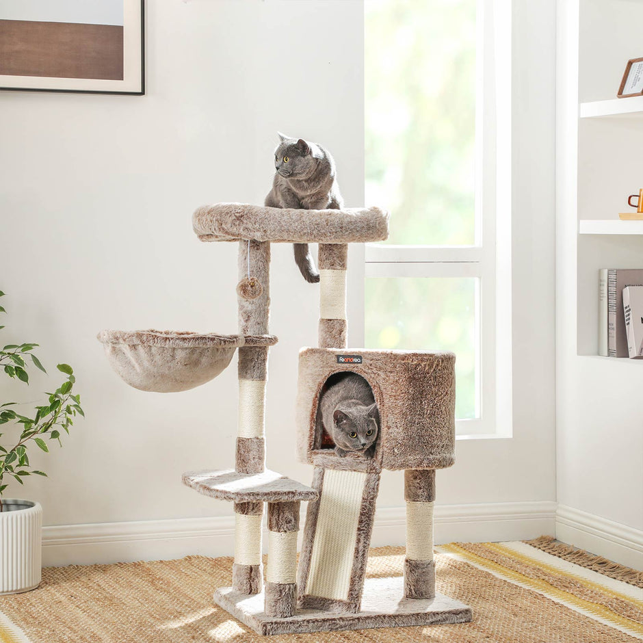 Cat Tower – Plush – Light Brown – Multi-Level with Scratching Post and Hammock