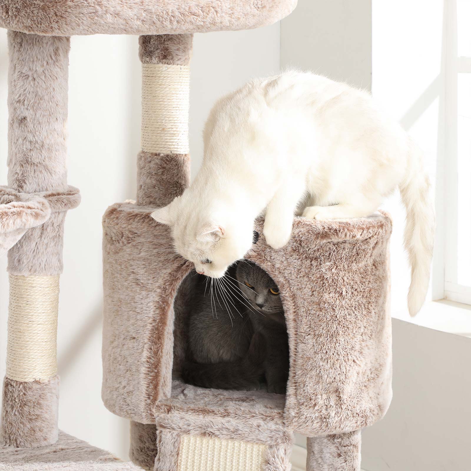 Cat Tower – Plush – Light Brown – Multi-Level with Scratching Post and Hammock